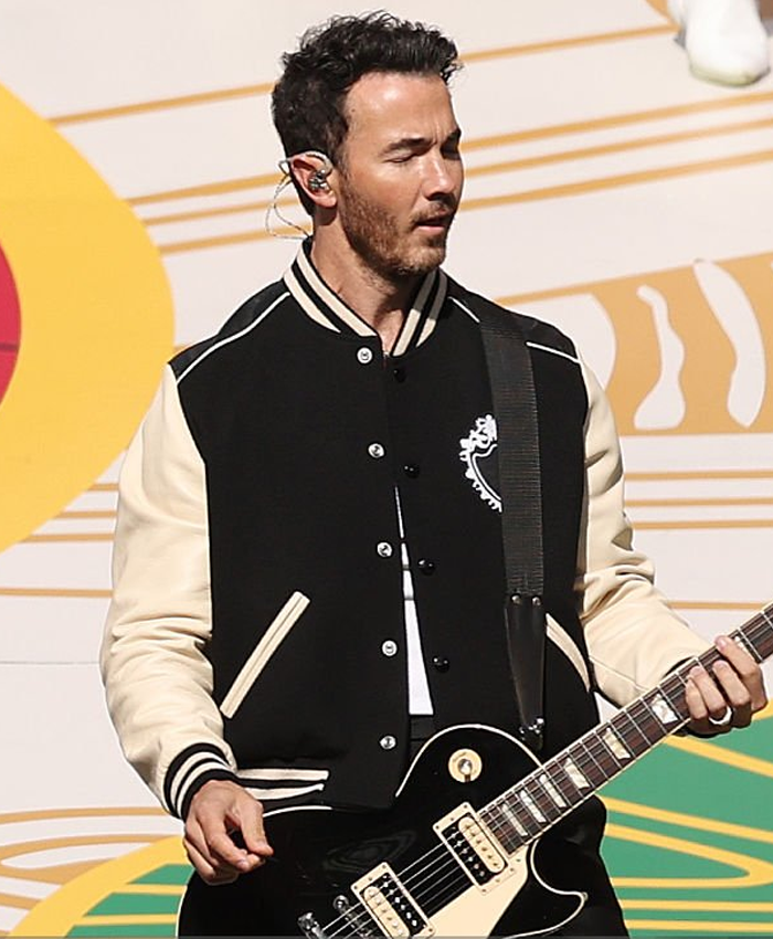 2026 NFL Halftime Show Kevin Jonas Black and Off White Varsity Jacket Front