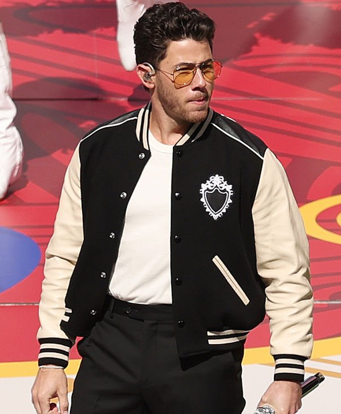 2026 NFL Halftime Show Nick Jonas Black and Off White Varsity Jacket Front