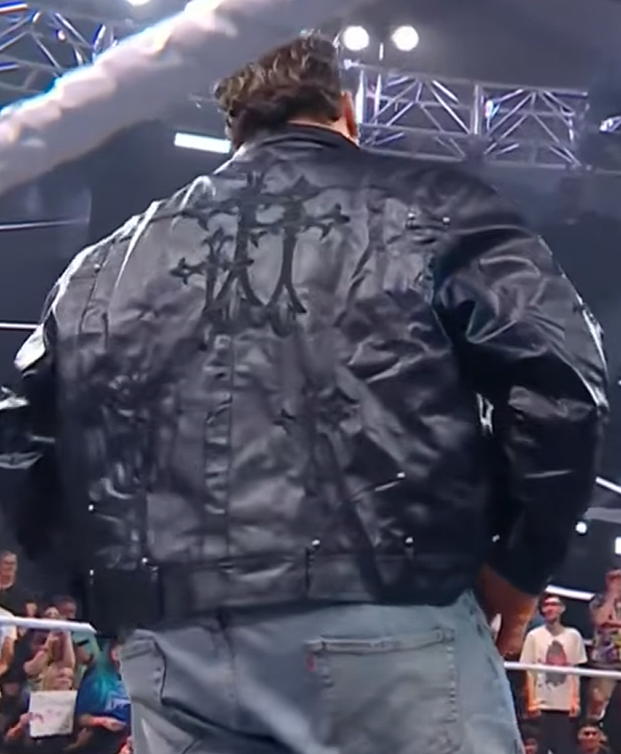 2026 NXT Face To Face Heated Promo Mason Rook Black Leather Jacket Closeup