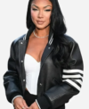 2026 New York Fashion Week Eniko Hart Black Leather Bomber Varsity Jacket Front