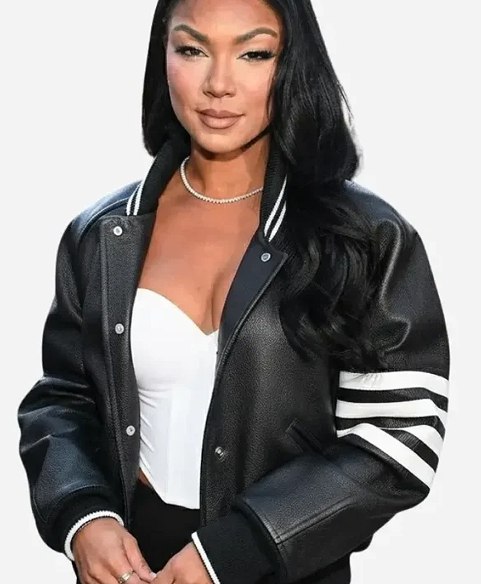 2026 New York Fashion Week Eniko Hart Black Leather Bomber Varsity Jacket Front