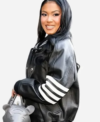 2026 New York Fashion Week Eniko Hart Black Leather Bomber Varsity Jacket Right