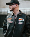 2026 Photoshoot J Balvin Vanson Spider Web Black Leather Racing Jacket