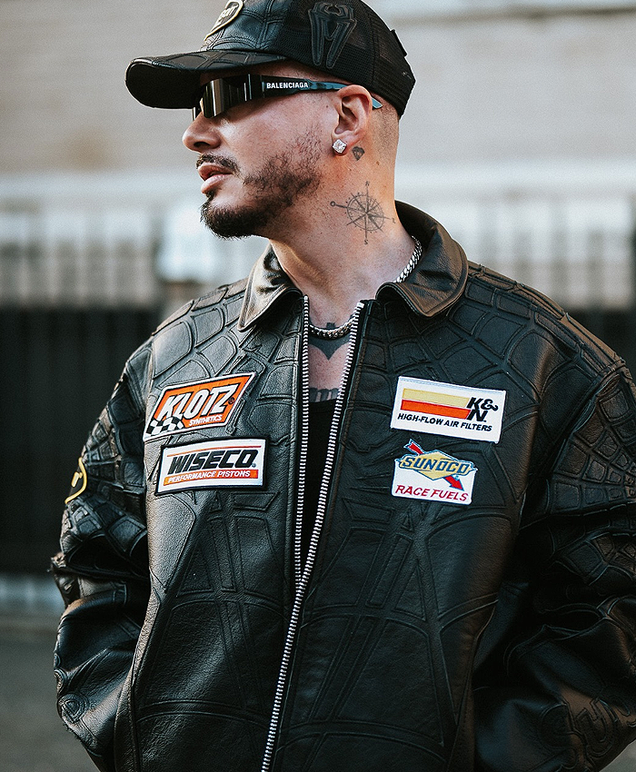 2026 Photoshoot J Balvin Vanson Spider Web Black Leather Racing Jacket