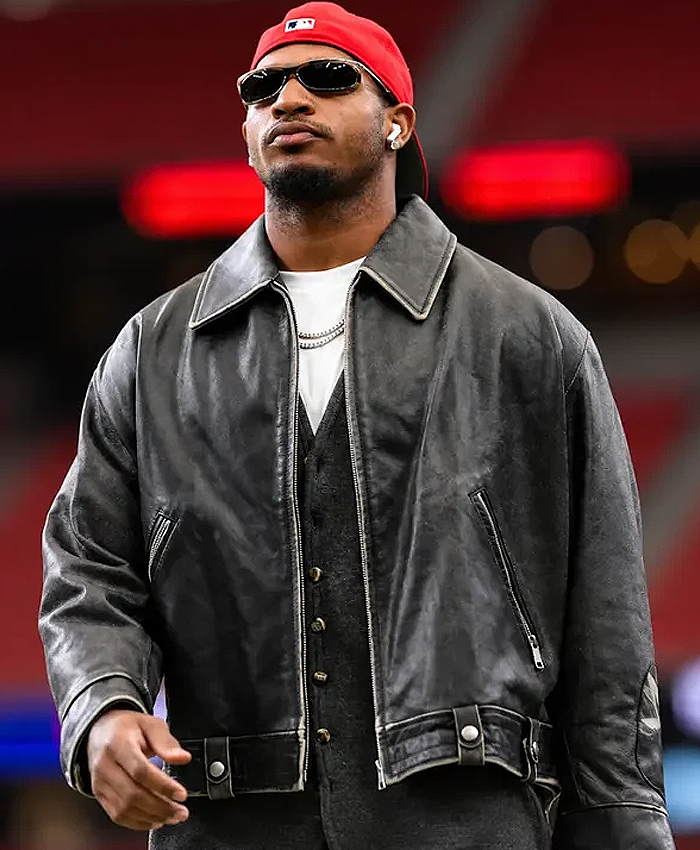 2026 Reliant Stadium Team Cincinnati Bengals Ja’Marr Chase Black Leather Jacket Closeup