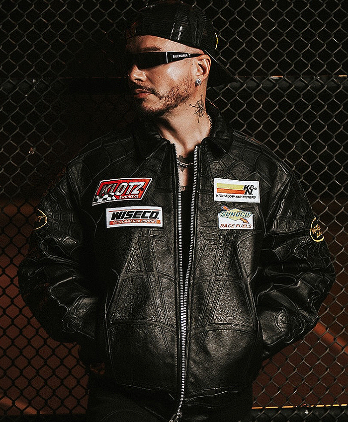 2026 Street Photoshoot J Balvin Vanson Spider Web Black Leather Racing Jacket Front