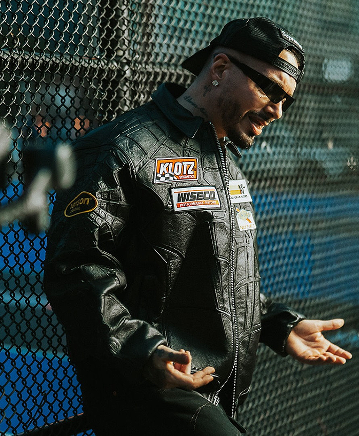 2026 Street Photoshoot J Balvin Vanson Spider Web Black Leather Racing Jacket Right