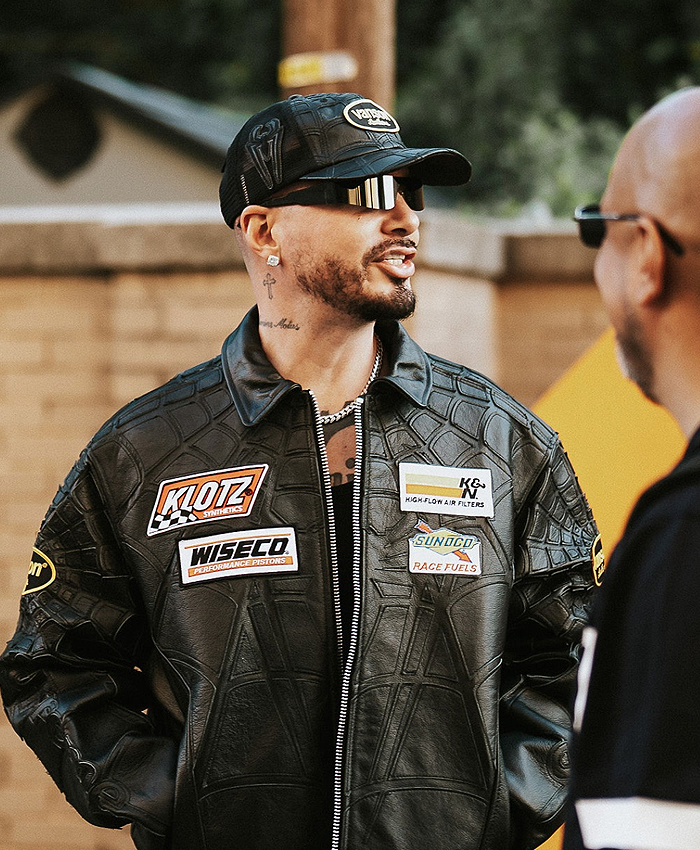 2026 Street Photoshoot J Balvin Vanson Spider Web Black Leather Racing Jacket