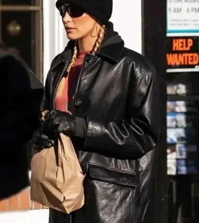 American Model Bella Hadid Black Leather Jacket On Sale
