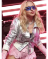 American Singer Madonna Surprise Concert 2026 Cropped Silver Leather Jacket Front