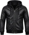Black Zip Pocket Leather Hoodie