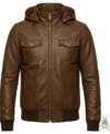 Brown Chest Pocket Leather Hoodie
