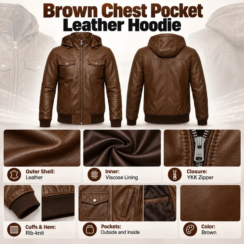 Brown Chest Pocket Leather Hoodie info graph