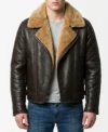 Brown Leather Zipper Jacket With Shearling Lining