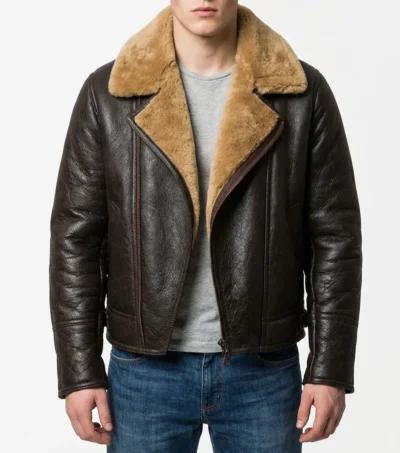 Brown Leather Zipper Jacket With Shearling Lining