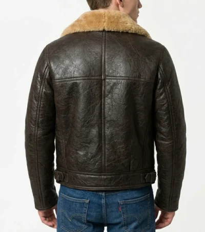 Brown Leather Zipper Jacket With Shearling Lining BACK