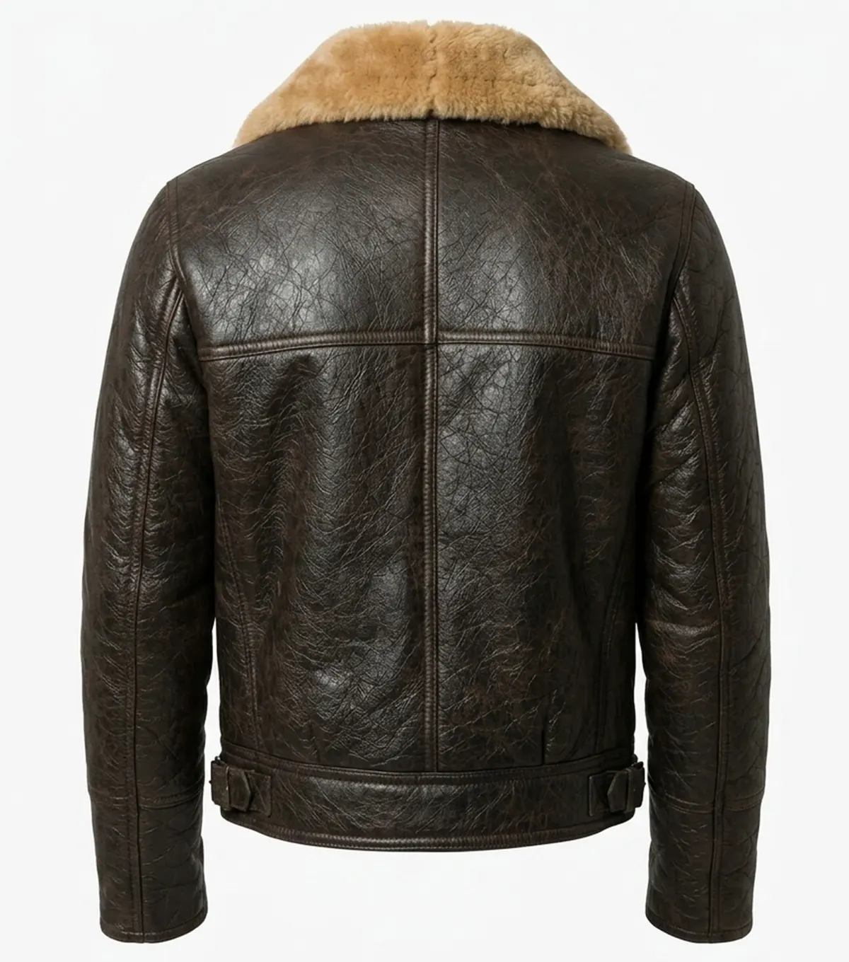 Brown Leather Zipper Jacket With Shearling Lining back view