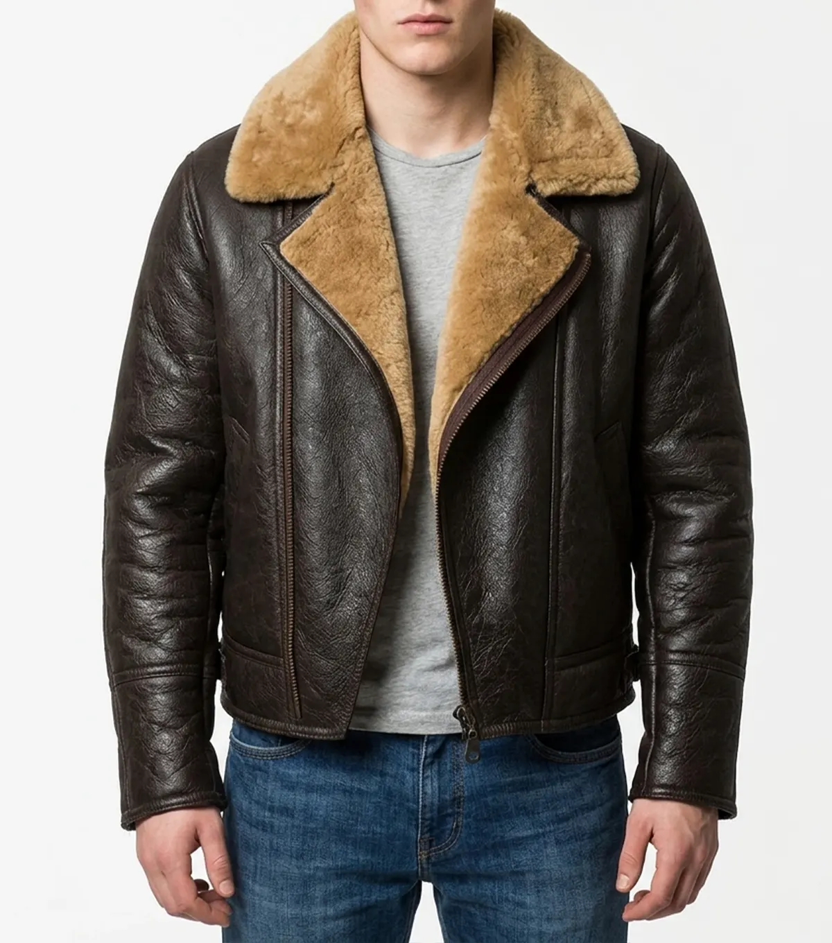 Brown Leather Zipper Jacket With Shearling Lining