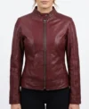 Burgundy Leather Cafe Racer Jacket for Women