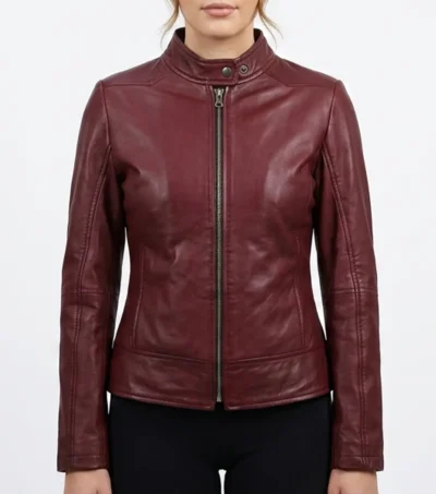 Burgundy Leather Cafe Racer Jacket for Women