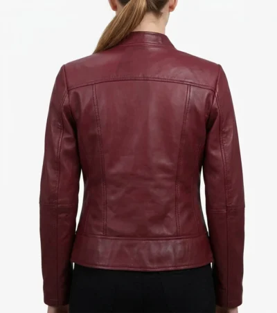Burgundy Leather Cafe Racer Jacket for Women back