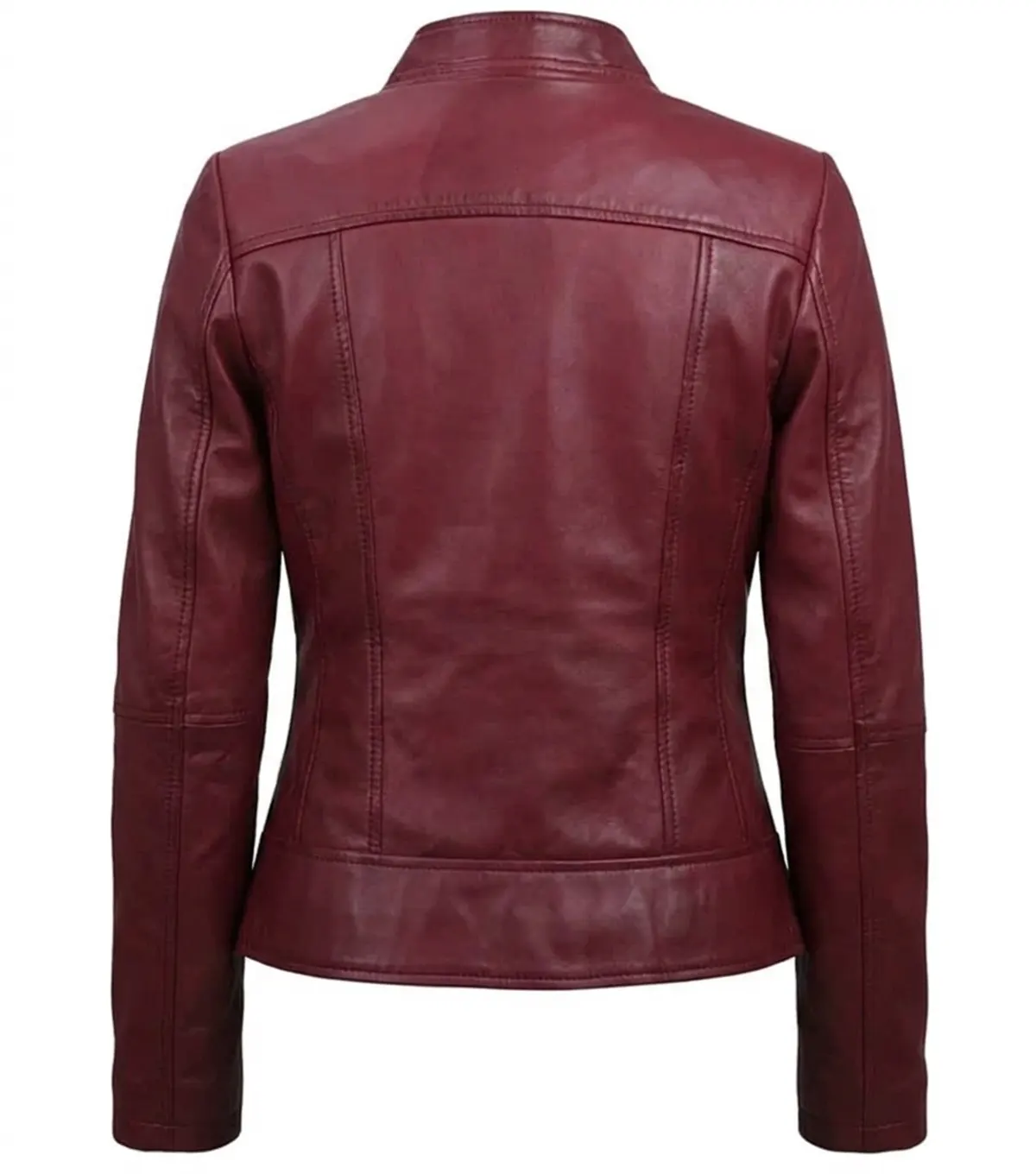 Burgundy Leather Cafe Racer Jacket for Women back view