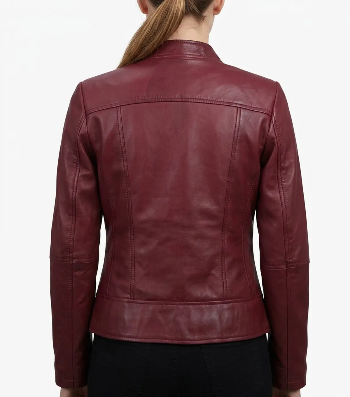 Burgundy Leather Cafe Racer Jacket for Women back