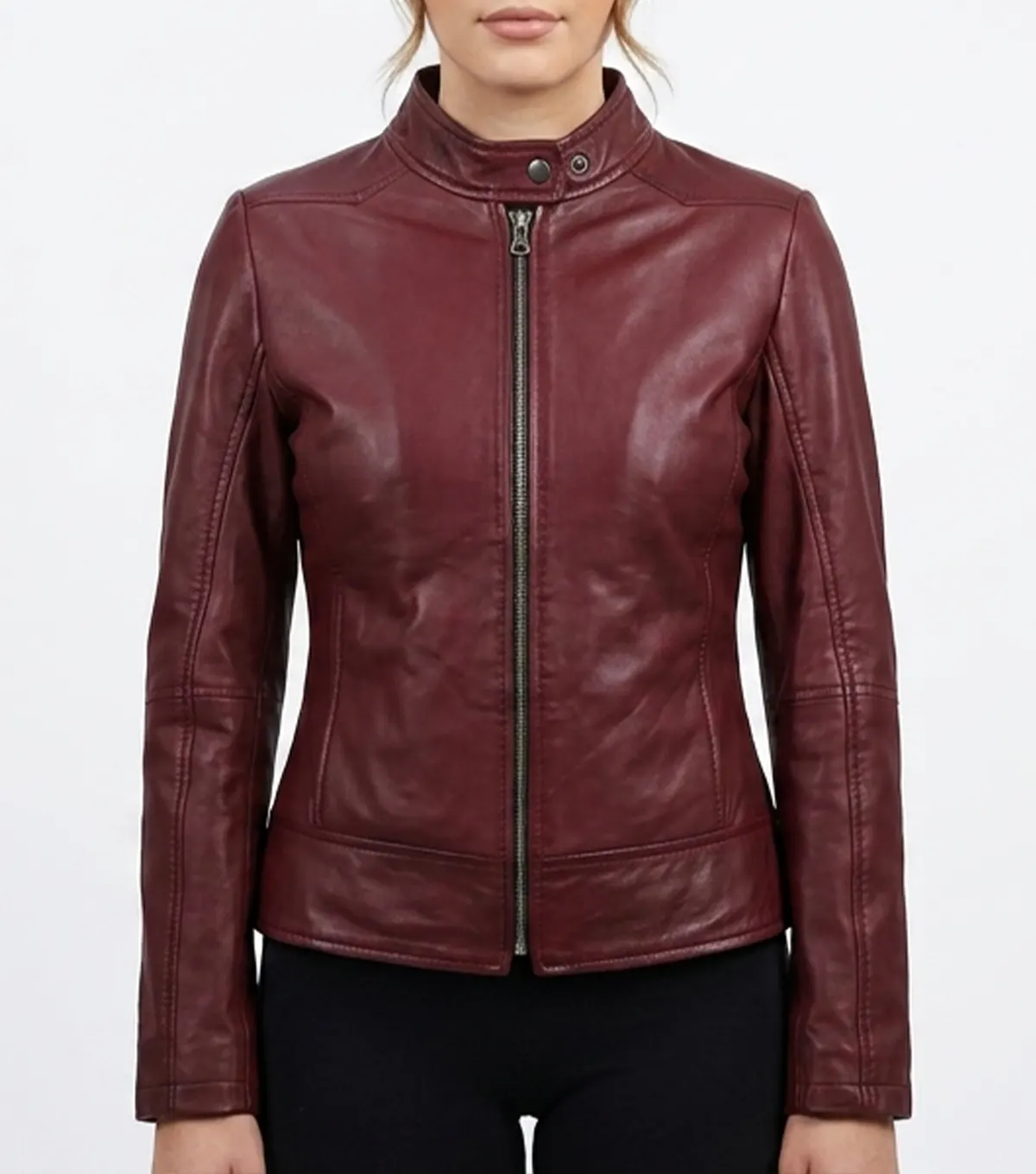 Burgundy Leather Cafe Racer Jacket for Women