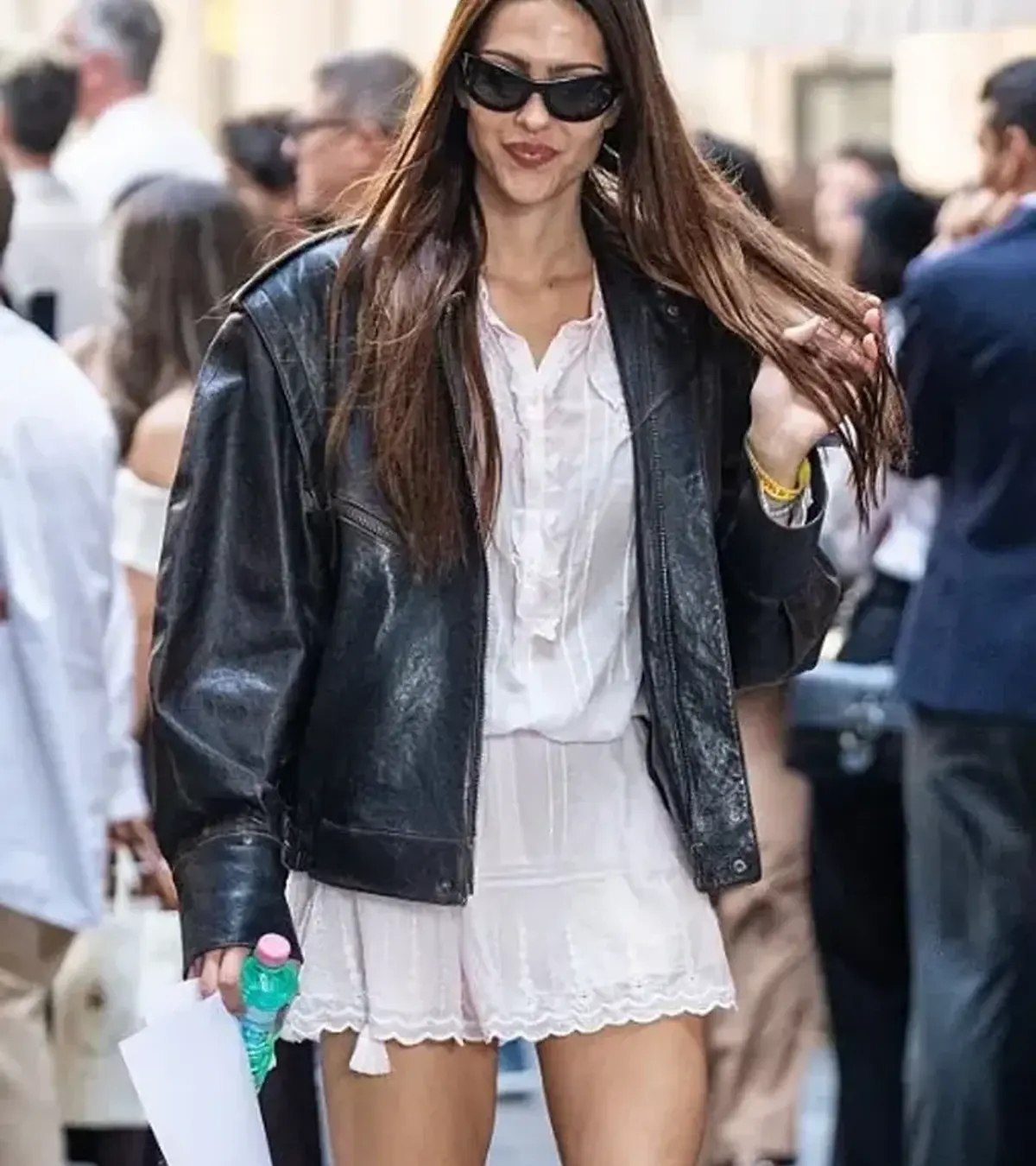 Buy Amelia Gray Milan Fashion Week Dark Brown Oversized Leather Bomber Jacket On Sale