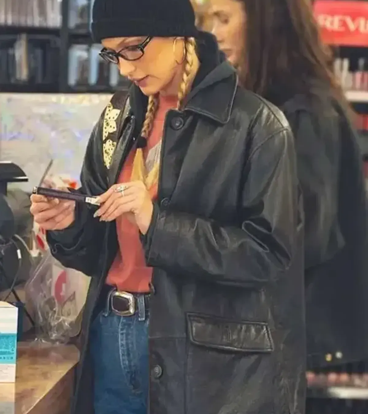 Buy American Model Bella Hadid Black Leather Jacket On Sale