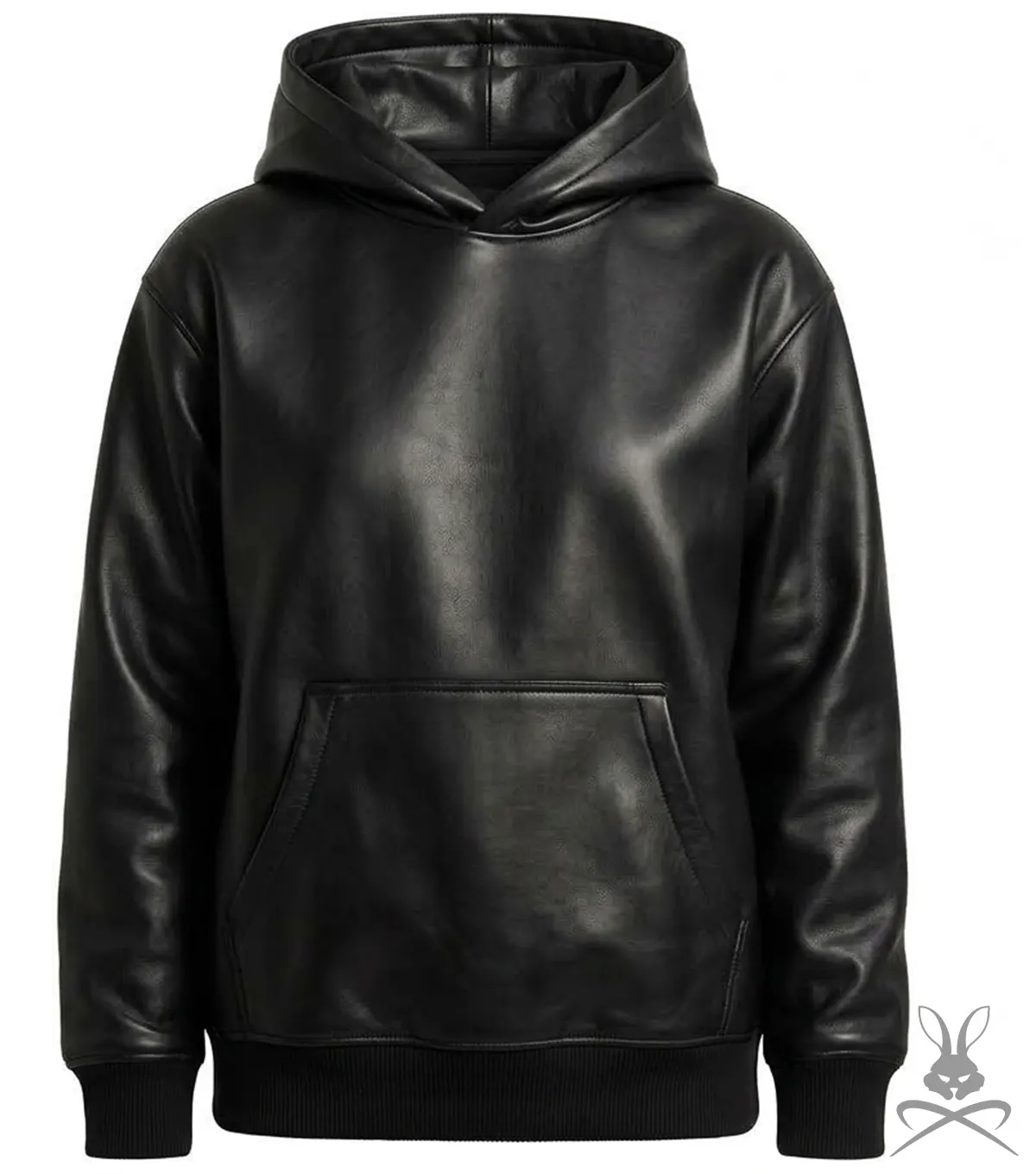 Buy Black Kangaroo Pocket Leather Hoodie