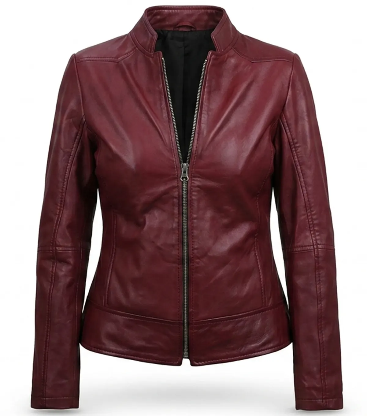 Buy Burgundy Leather Cafe Racer Jacket for Women