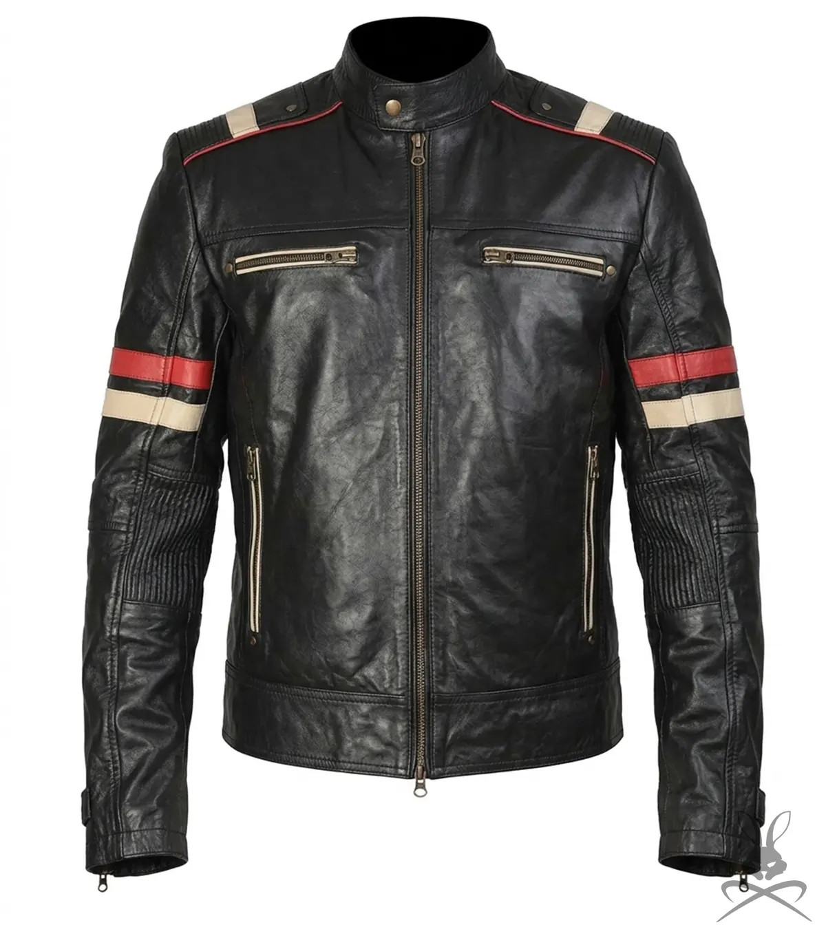 Buy Classic Racer Black Leather Jacket with Red Stripes