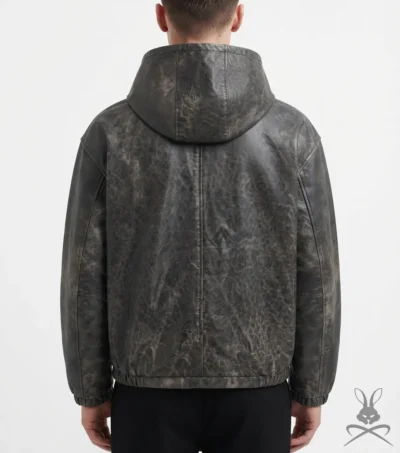 Buy Distressed Genuine Leather Hoodie in Black back