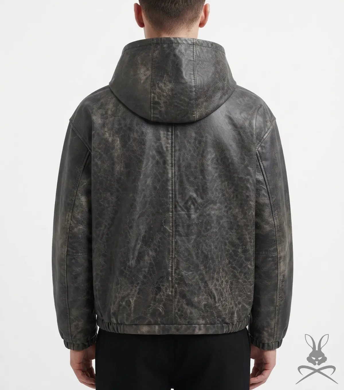 Buy Distressed Genuine Leather Hoodie in Black back