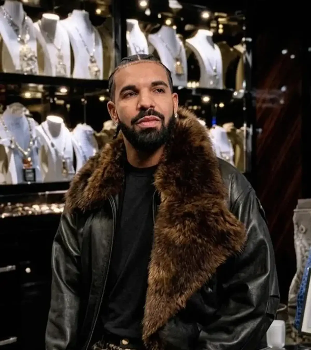 Buy Drake Show Off Jewelry Room Brown Fur Black Leather Shearling Aviator Bomber Jacket On Sale