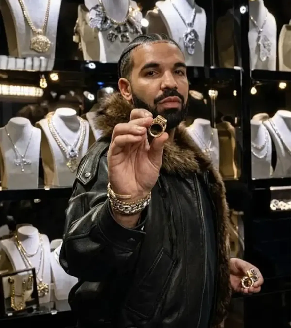 Buy Drake Show Off Jewelry Room Brown Fur Black Leather Shearling Aviator Bomber Jacket