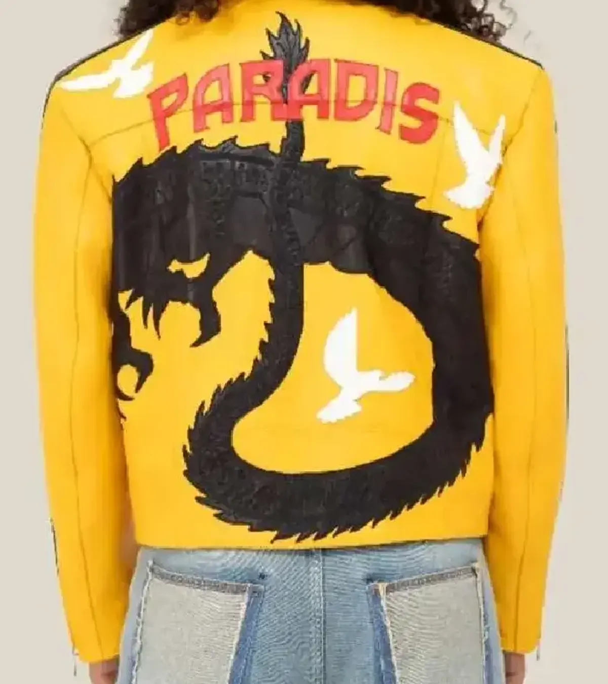Buy Dua Lipa Buenos Aires Dragon Black and Yellow Leather Jacket On Sale