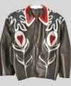Buy Harry Styles Custom Appliqué Patches Floral Miu Miu Black Leather Jacket On Sale
