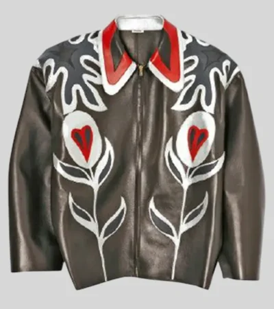 Buy Harry Styles Custom Appliqué Patches Floral Miu Miu Black Leather Jacket On Sale