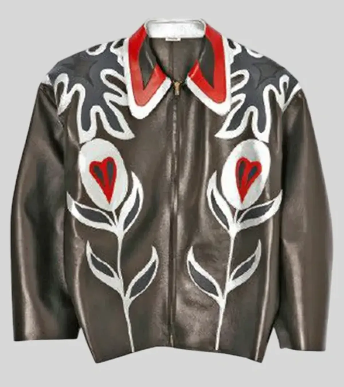 Buy Harry Styles Custom Appliqué Patches Floral Miu Miu Black Leather Jacket On Sale