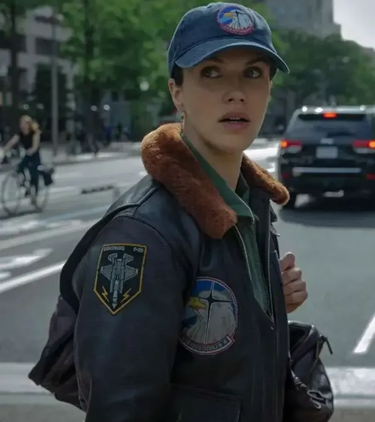 Buy Jessica Brown Findlay TV Series Silo 2026 Charlotte Keene G-1 Flight Bomber Leather Jacket On Sale