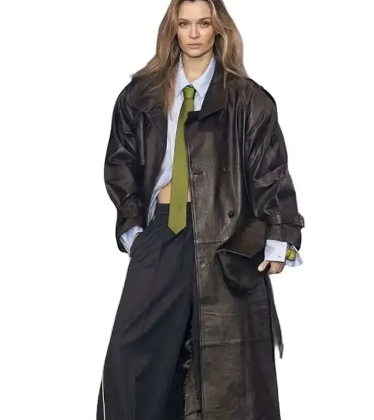 Buy Josephine Skriver Copenhagen Fashion Week 2026 Brown Crocodile Textured Leather Coat