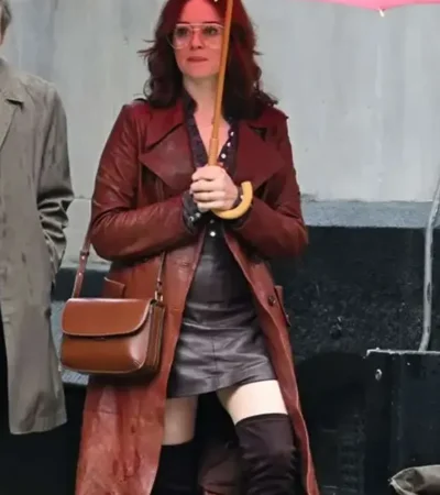 Buy Joyce Hopkirk Ink 2026 Claire Foy Brown Leather Trench Coat On Sale