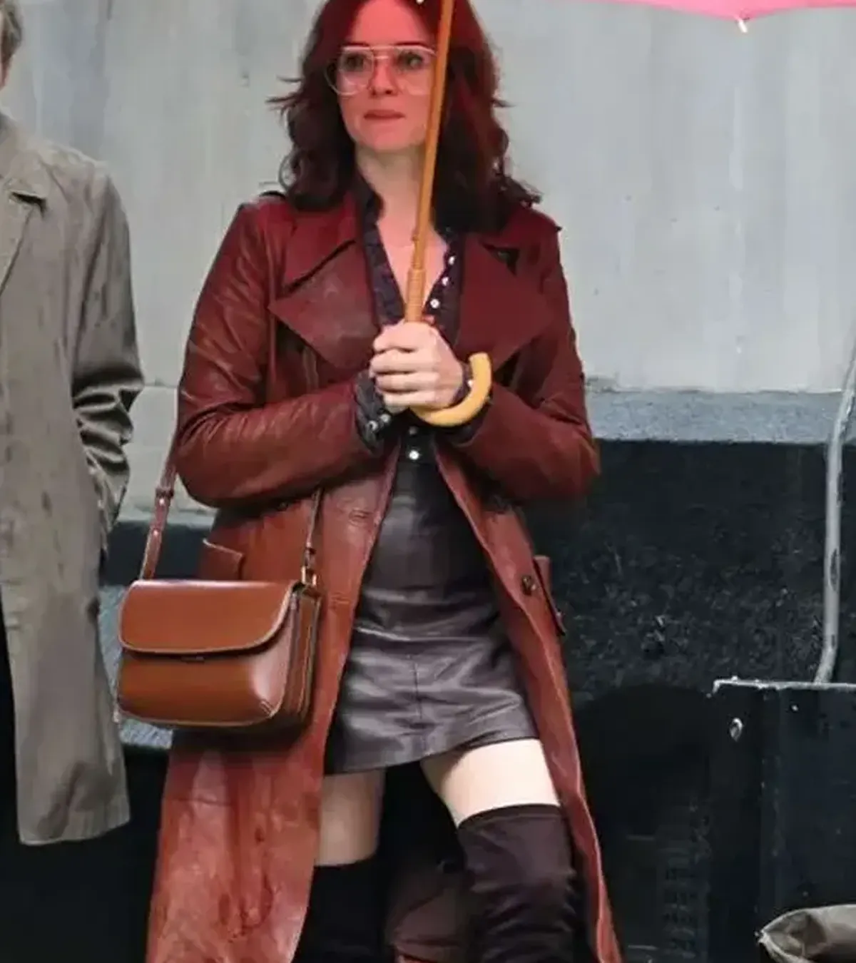 Buy Joyce Hopkirk Ink 2026 Claire Foy Brown Leather Trench Coat On Sale