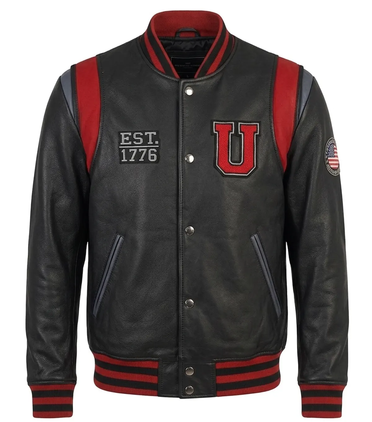 Buy Leather Jacket in USA Black Varsity Style with Map Patch
