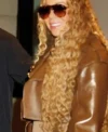 Buy Mariah Carey NYC 2026 Brown Cropped Leather Biker Jacket On Sale