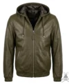 Buy Mens Leather Hoodie in Olive