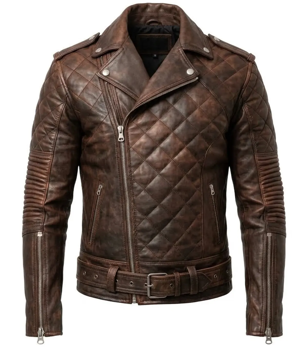Buy Men's Quilted Brown Real Leather Biker Jacket