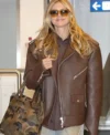 Buy Milan Fashion Week Heidi Klum Brown Oversized Pebbled Leather Biker Jacket On Sale